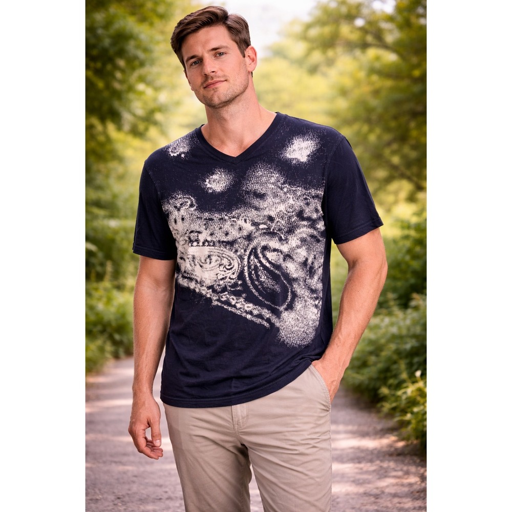 Perry Ellis Mens M Navy Graphic T Shirt Abstract Print Cotton Short Sleeve